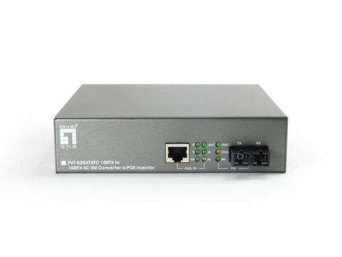 FVT-0204TXFC RJ45 to SC Fast Ethernet Media Converter, 1 PoE Output, 802.3af PoE, Single-Mode Fiber, 20km